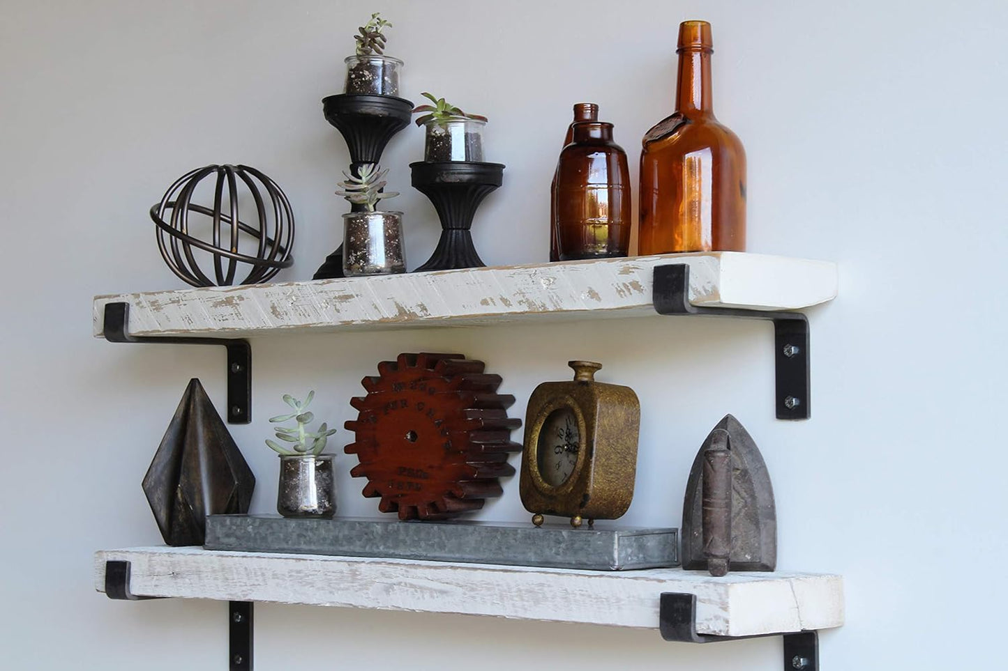 Urban Legacy Accent Shelves | Reclaimed Barn Plank | Set of 2 with Full Brackets (White Wash 36" x 4.5" x 2")