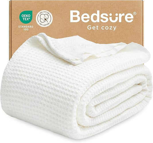 Bedsure 100% Cotton Blanket Twin XL Size for College Dorm - Breathable and Soft, Waffle Weave Twin Blanket for Summer, Dorm Room Essentials, White, 66x90 inches