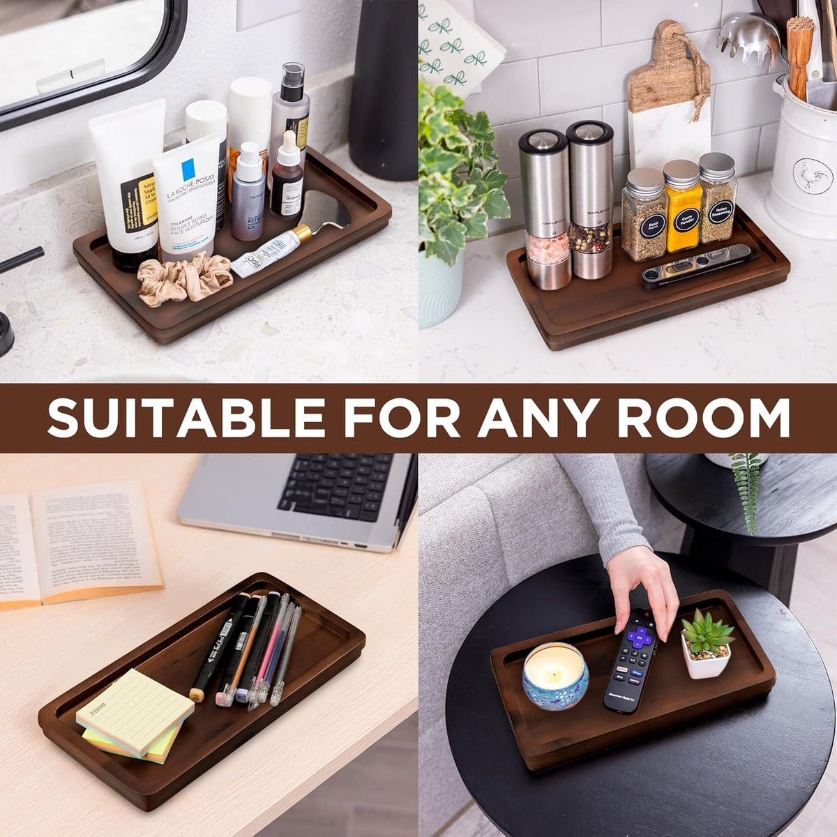 Bathroom Vanity Tray 11.8x5.9in of Acacia Wood - Elegant Organizer for Cosmetics, Jewelry, Perfume, Candle, Key - Premium Wood Tray for Bathroom, Kitchen, Countertop, Toilet Tank, Sink (Dark Brown)