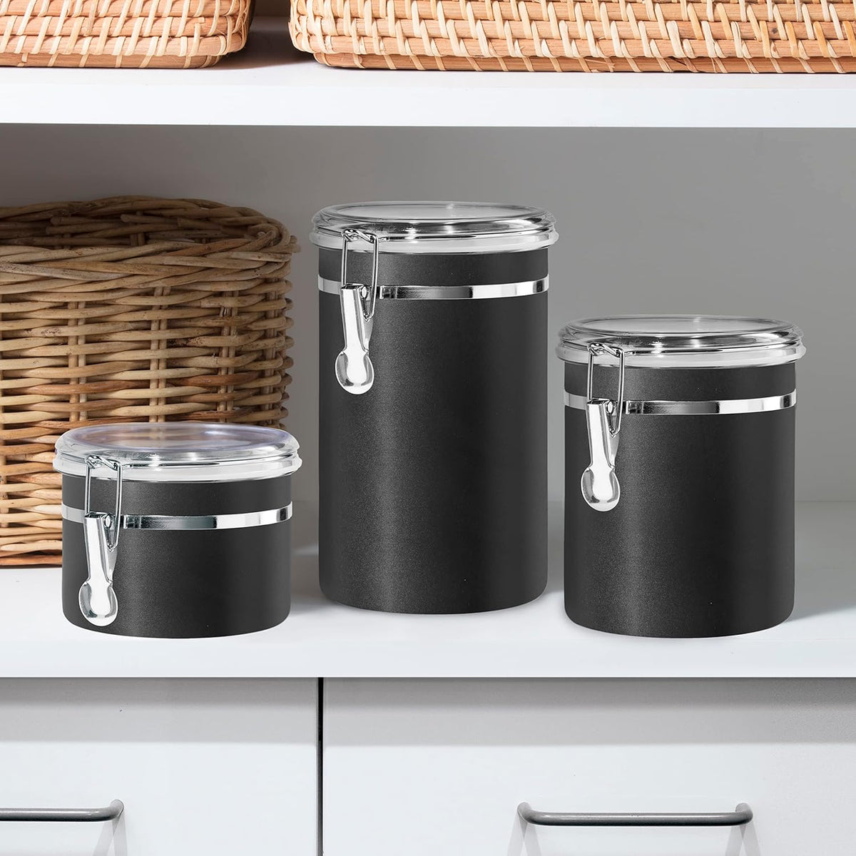 Oggi Stainless Steel Kitchen Canister 26 fl oz, Black - Airtight Clamp Lid, Clear See-Thru Top - Ideal for Kitchen Storage, Food Storage, Pantry Storage. Size 5" x 3.5".