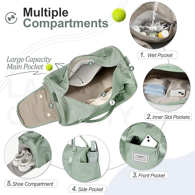 FIORETTO Womens Gym Tote Duffle Bag with Wet Pocket & Shoe Compartment, Sports Duffel Overnight Weekender Hospital Workout Carry on Bag for Girls, Ideal for Travel, Swimming, Dance, Ballet Celadon