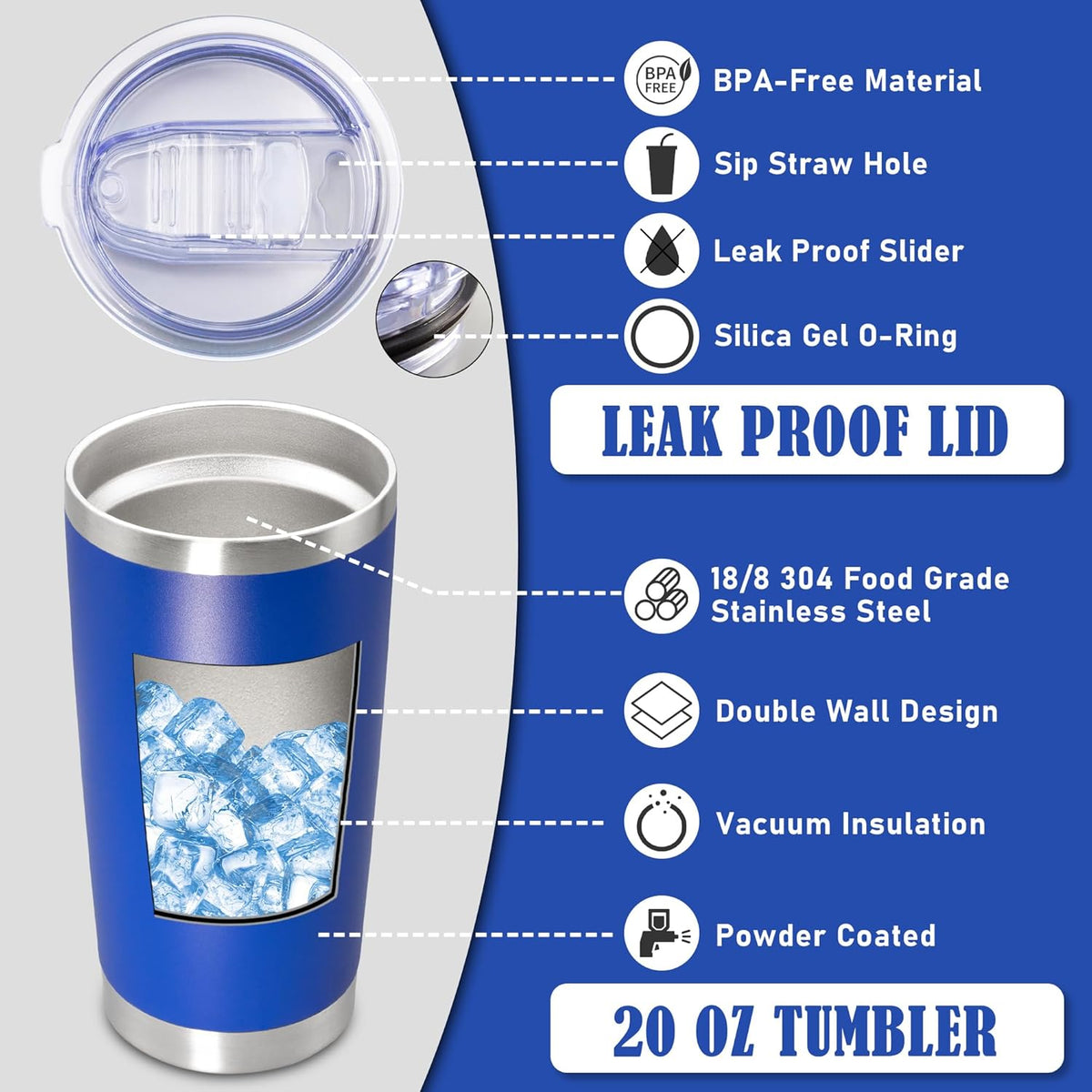 20 oz Tumbler Coffee Tavel Tumblers Bulk with Lid Stainless Steel Double Wall Vacuum Insulated Mug Powder Coated Cups fit Car Cupholder for Hot and Cold - Dark Blue, 12Pack
