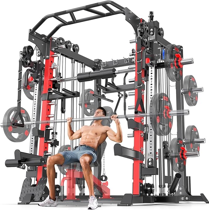 Smith Machine Power Rack Multifunctional Power Cage Deep Squat Rack Cable Crossover System Selectable More Training Attachment for Garage & Home Gym