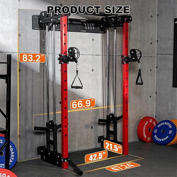 Wall Mounted Power Rack – 1600LB Capacity Compact Commercial Home Gym with Dual Cable Crossover, LAT Pulldown, Multi-Grip Pull-Up Bar & Landmine Attachment for Small Spaces, P67 Striker Red