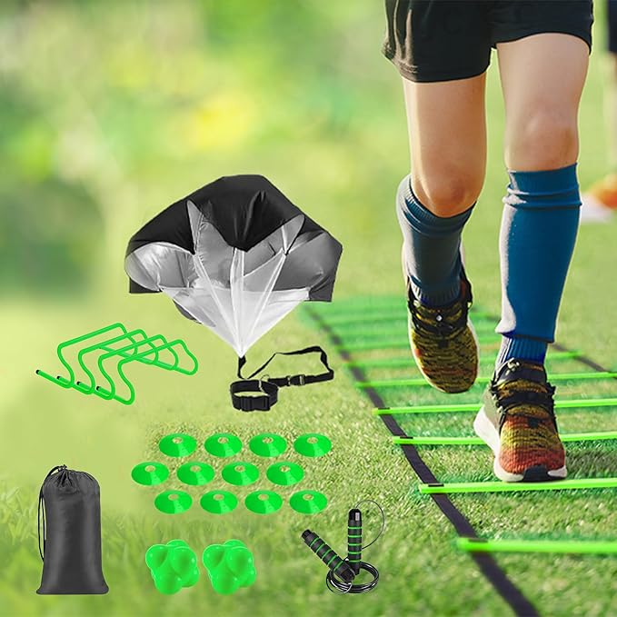 Agility Ladder Speed Training Equipment Set-2x 20ft Agility Ladder,12 Soccer Cones,4 Adjustable Hurdles, Jump Rope, Running Parachute| Basketball Football Soccer Training Equipment for Kids Adults