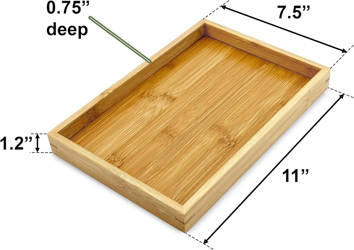 Bam & Boo (2-Pack) Natural Bamboo Rectangle Serving & Vanity Tray - for Kitchen, Bathroom, Countertop, Coffee Table (11" x 7.5" x 1.2")