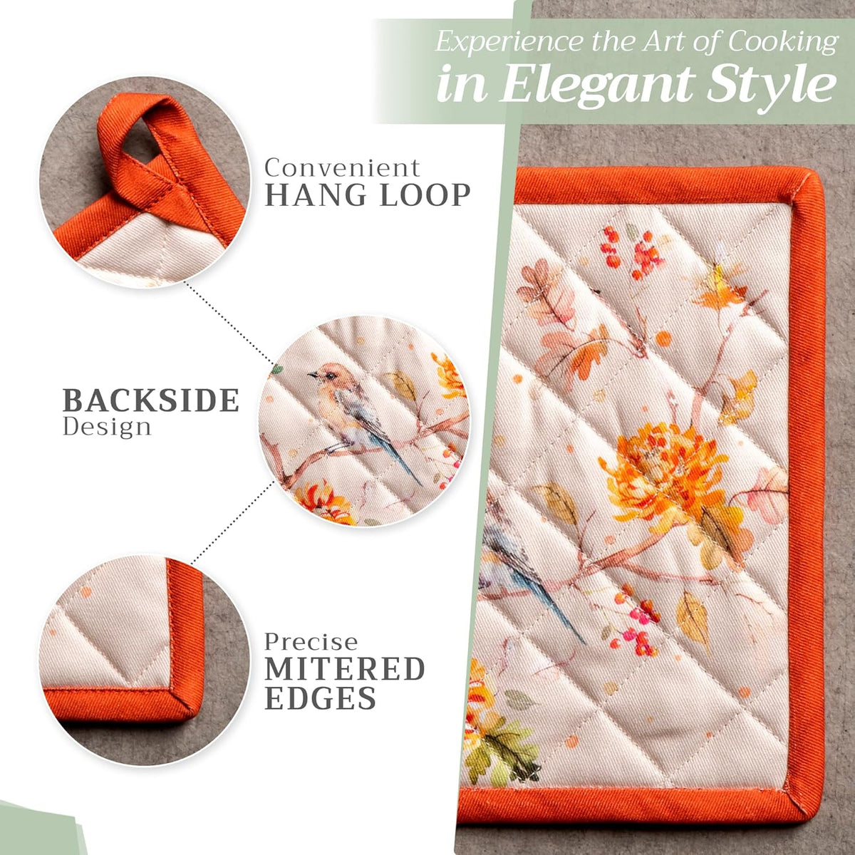 Maison d' Hermine Pot Holders 100% Cotton Heat Resistant Potholders 8" x 8" Hot Pads with Loop BBQ, Cooking, Baking, Grilling, Kitchen, Handling Hot Pans (Pack of 1, Kelim - Prairie)