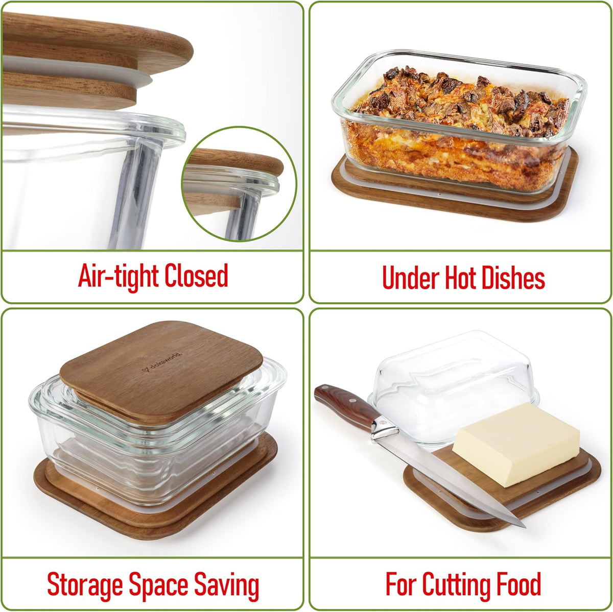 Glass Tupperware Set with Acacia Lids - 4 Stackable Meal Prep Containers. Durable heat resistant Inert Borosilicate Glass