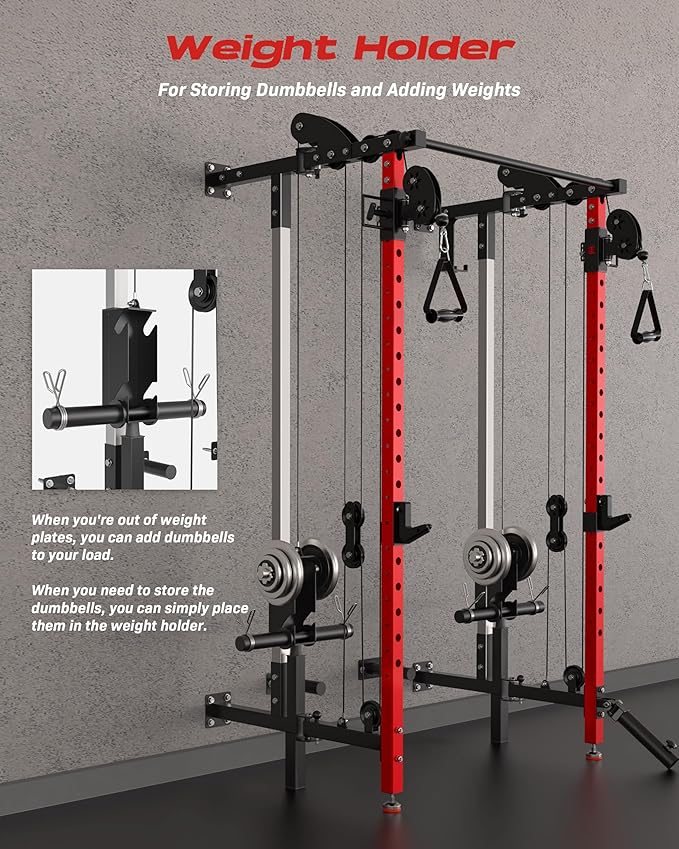 Folding Power Rack, Wall Mounted Squat Rack with Dual Independent Pulley System, Multi-Function Power Cage with 5 Adjustable Function Modes, Power Rack Trainer for Space Saving Home Gym