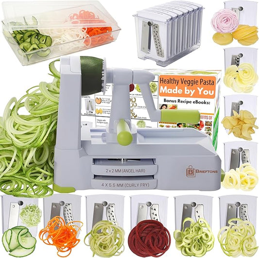 Brieftons 10-Blade Vegetable Spiralizer: Strongest-Heaviest Duty Spiral Slicer, Best Veggie Pasta Spaghetti Maker for Low Carb/Paleo/Gluten-Free, With Container, Lid, Blade Caddy, 4 Recipe Ebooks