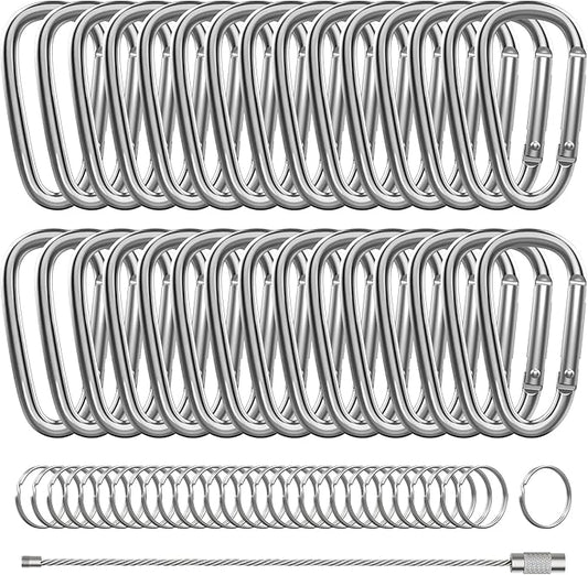 30PCS Aluminum Carabiner Clips, 2" D Shape Spring Snap Hooks Carabiner with 30PCS Keyring Keychain Hook