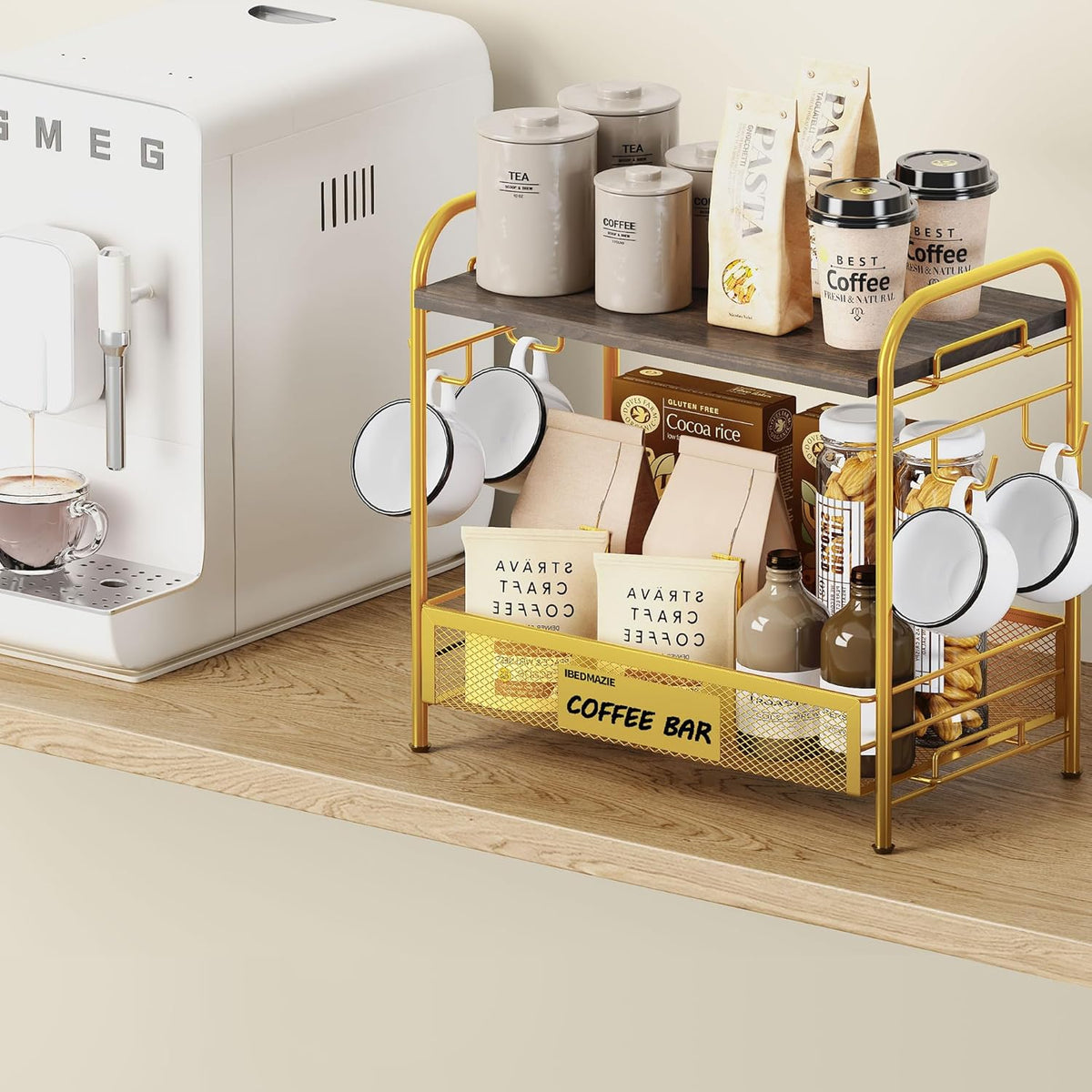Coffee Bar Organizer for Countertop Station, Simple Assembly 2 Tier Shelf for Home,Office, Coffee Cup Holder Storage Organization for Counter Accessory Storage Rack with 4 Hooks Space-Saving