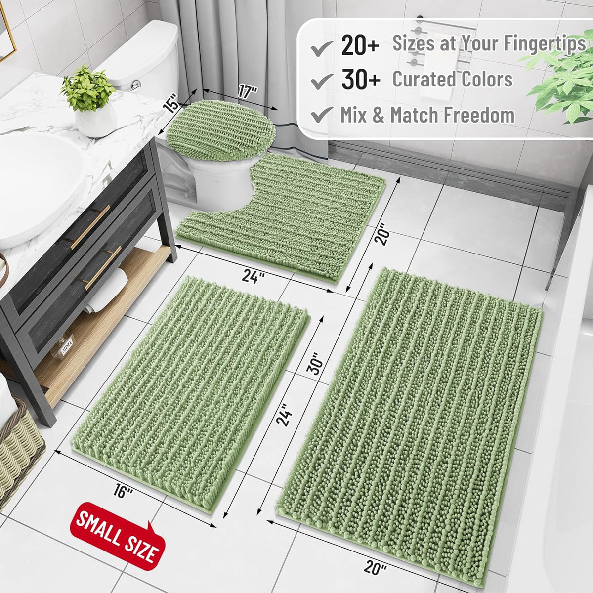 Arotive Luxury Chenille Bathroom Rug Mat, Extra Soft Thick Absorbent Shaggy Bath Rugs, Non-Slip Machine Wash Dry, Plush Bath Mats for Bathroom, Shower and Tub, 70x24, Sage Green