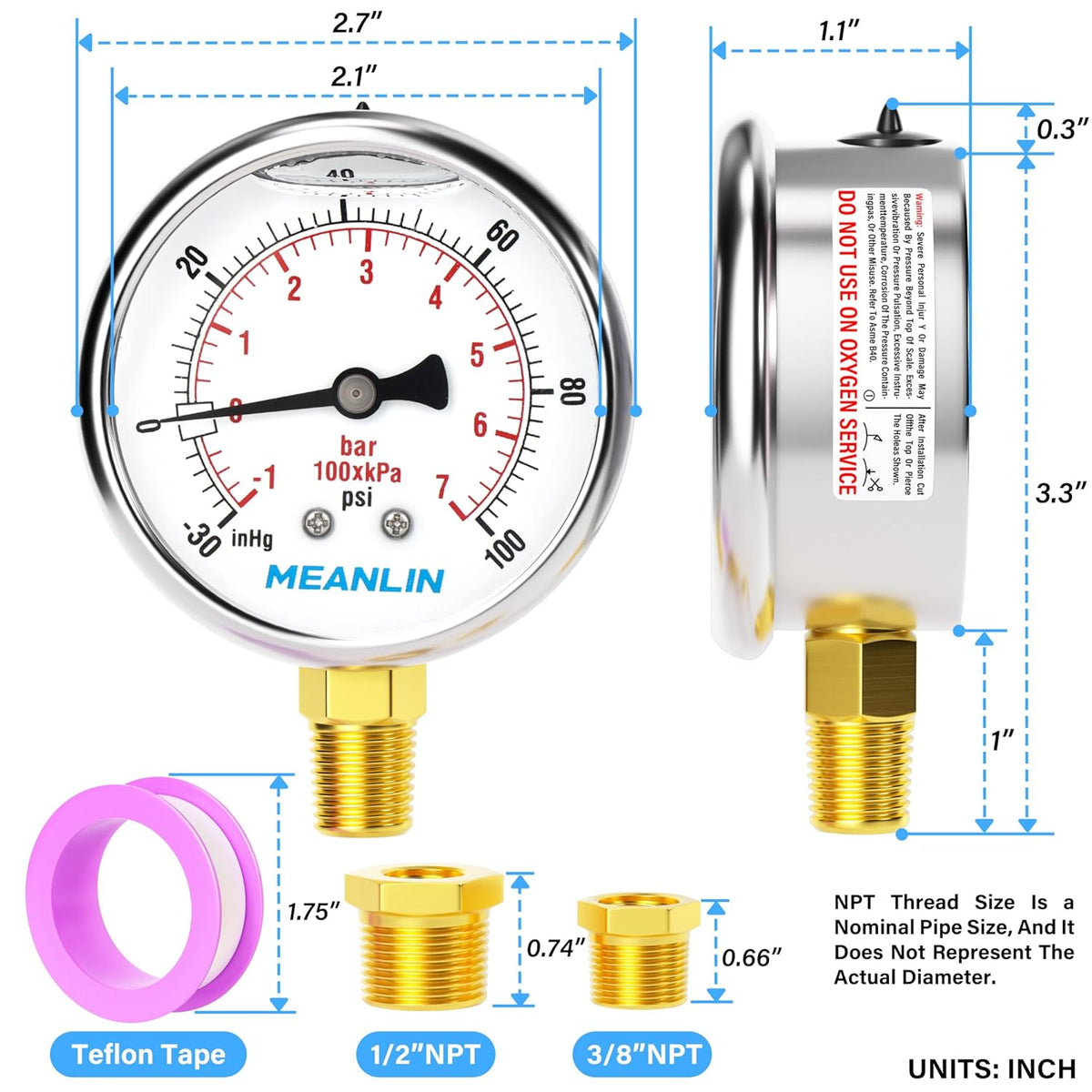 MEANLIN MEASURE -30inHG~100Psi Stainless Steel 1/4" NPT 2.5" FACE DIAL Vacuum Pressure Gauge, Lower Mount, with 1/4" x 1/2" NPT and 1/4" x 3/8" NPT Hex Bushing