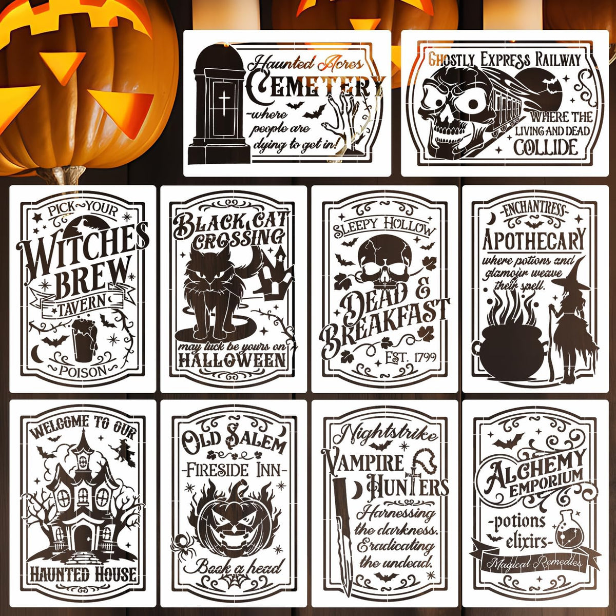 Halloween Stencils for Painting 11.7”x8.26” Reusable Halloween Stencil A4 Skeleton Witch Black Cats Draw Templates for Wood Signs Walls Windows Door Mat Fabrics