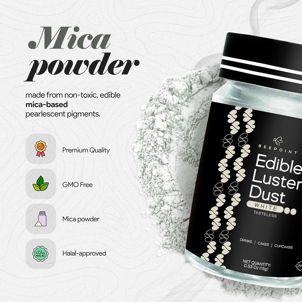 BeePoint White Edible Luster Dust 15g - Food Grade, Vibrant Color Shimmer Powdered Dust for Drinks, Cocktails, Cake Decorating, Baking, Chocolates, Candy, Sweets, & Cookies - Vegan & Gluten Free