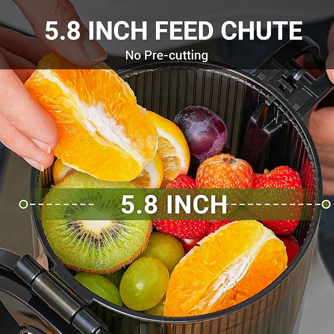 AMZCHEF Juicer Machines, 5.8" Extra Self-Feeding Cold Press Juicer for Whole Vegetable & Fruit, Juice Extractor Machine with Large Auger & Triple Strainers, Easy to Clean, High Juice Yield, Silver