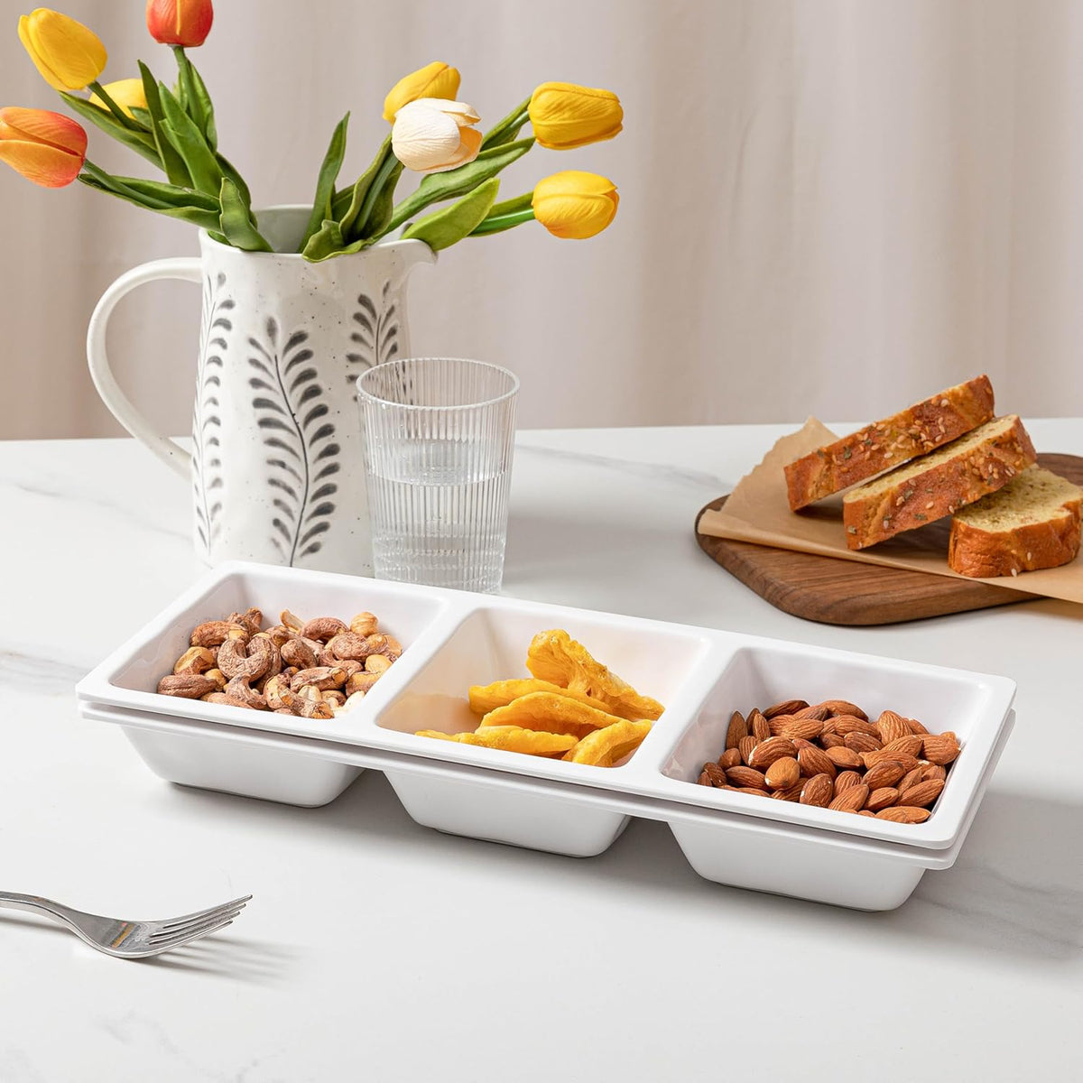 Divided Serving Tray, 14.75”x 6” Reusable 3-Section Party Platters, Condiment Serving Dishes for Entertaining, Ideal for Snacks, Appetizers, Fruit, Candy, Chip & Dip Set,White