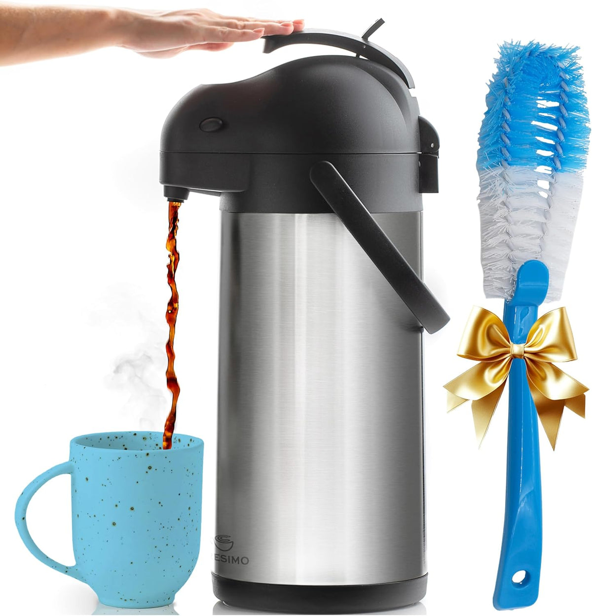 Coffee Carafe Airpot & Cleaning Brush - 101oz / 3L Airpot 12 Hours Hot Water Dispenser or 36 Hours Cold Drink Dispenser with Pump - Easy Dispensing Coffee Carafes for Keeping Hot Extra Large - Cresimo