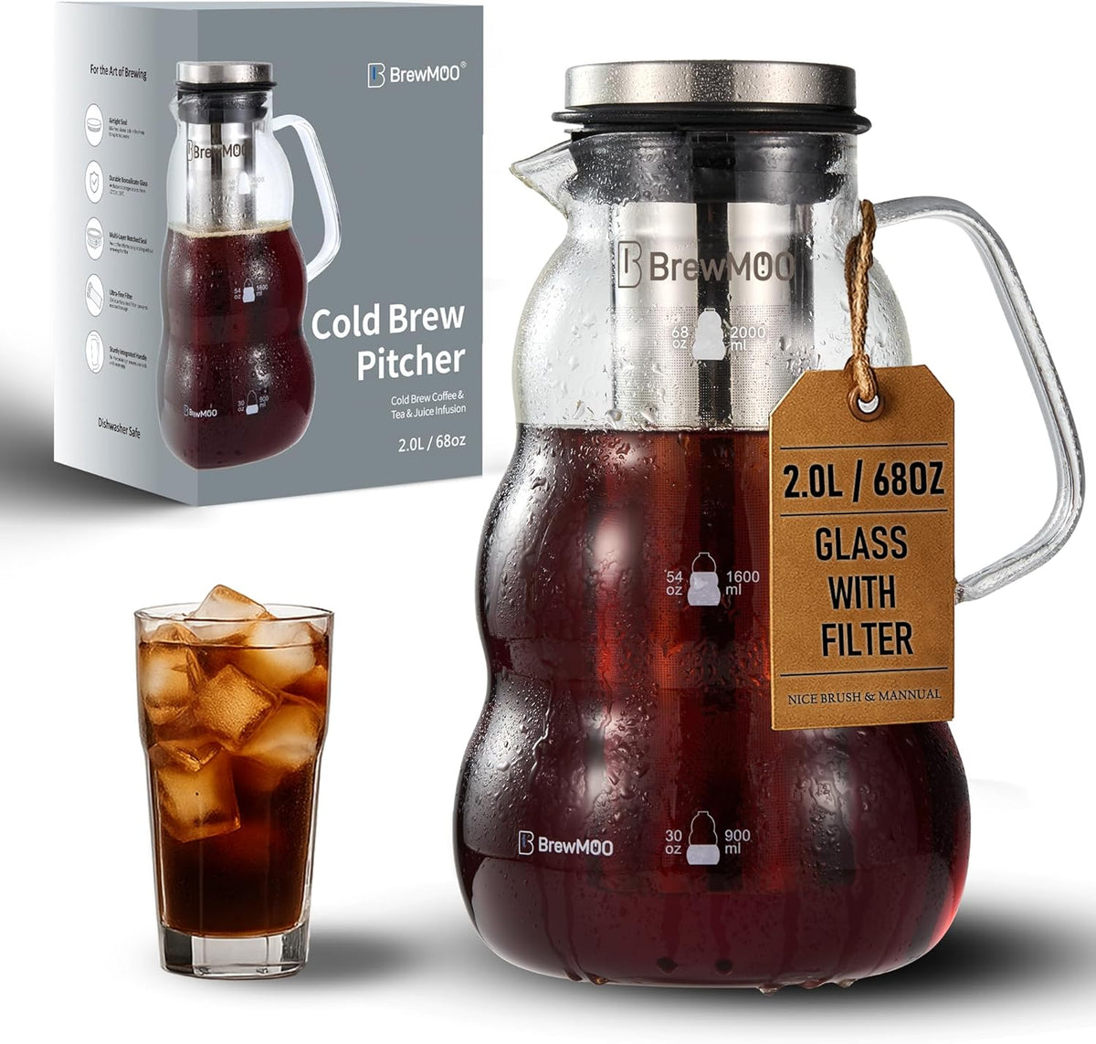 Cold Brew Coffee Pitcher (2.0L/68oz) - Elegant Sleek Wave Borosilicate Glass Pitcher with 100um 304 Stainless Steel Filter & Airtight Lid, Efforless Mannual for Beginner, Sophisticated Gift