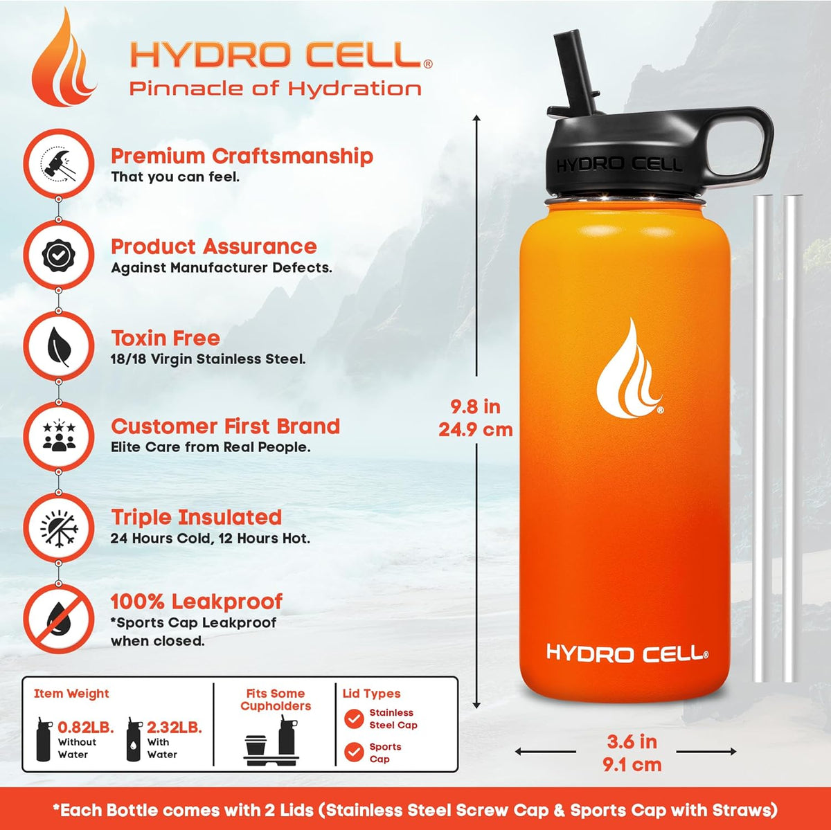 HYDRO CELL Stainless Steel Insulated Water Bottle with Straw - For Cold & Hot Drinks - Metal Vacuum Flask with Screw Cap and Modern Leakproof Sport Thermos for Adults (Red/Orange 32oz)