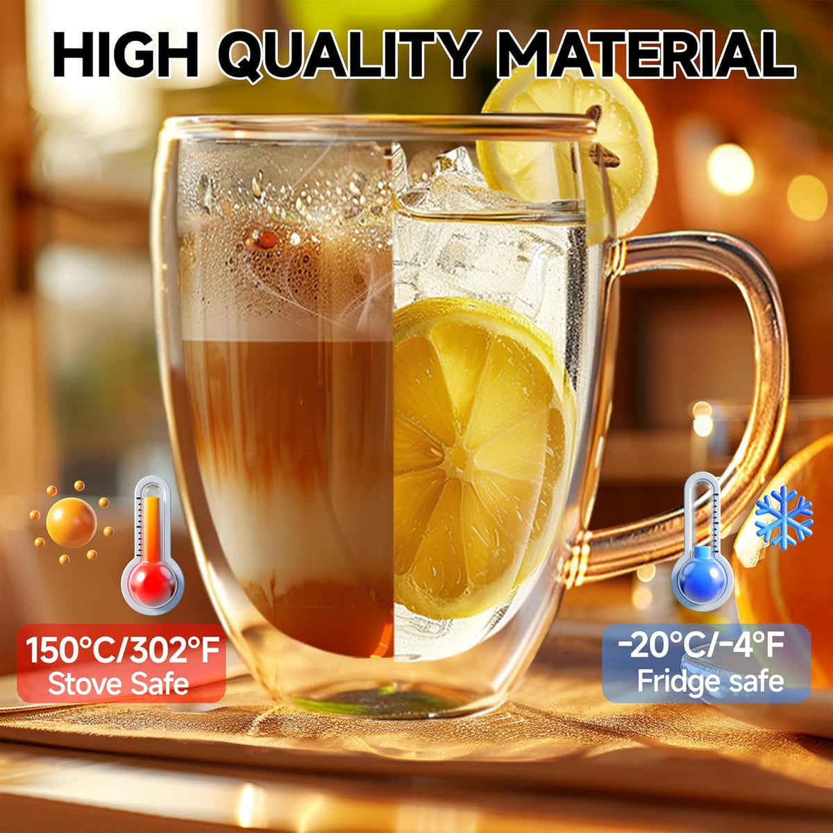 Set of 2 Double Walled Glass Coffee Mugs 16 Ounces Insulated Layer Coffee Cups with Handle Borosilicate Glass Espresso Cup for Hot Beverage,Cappuccino,Tea,Latte,Wine,Microwave Safe