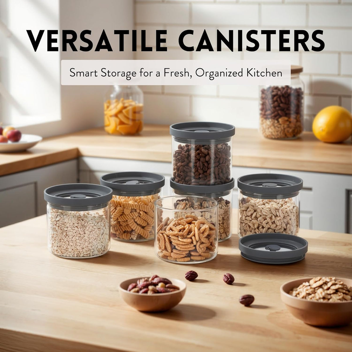 Glass Airtight Canisters with Silicone Lids – BPA-Free Borosilicate Containers for Food Prep, Storage, Wet or Dry Foods, Pasta, Rice, Flour, Tea, Herbs, Snacks – Set of 6 (17.5 oz)