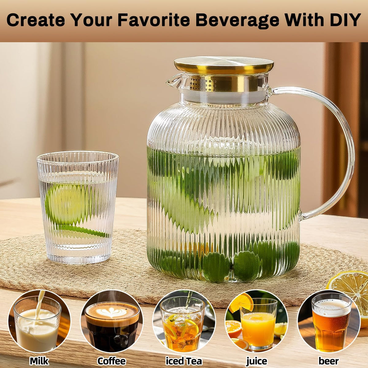 2 Liter 68 Ounces Glass Pitcher with Lid and Spout, Large Vertical Stripes Water Pitcher ribbed Borosilicate Glass Fridge Water Carafe for Cold Brew, Coffee, Lemonade, Sun Tea,Heat Resistant