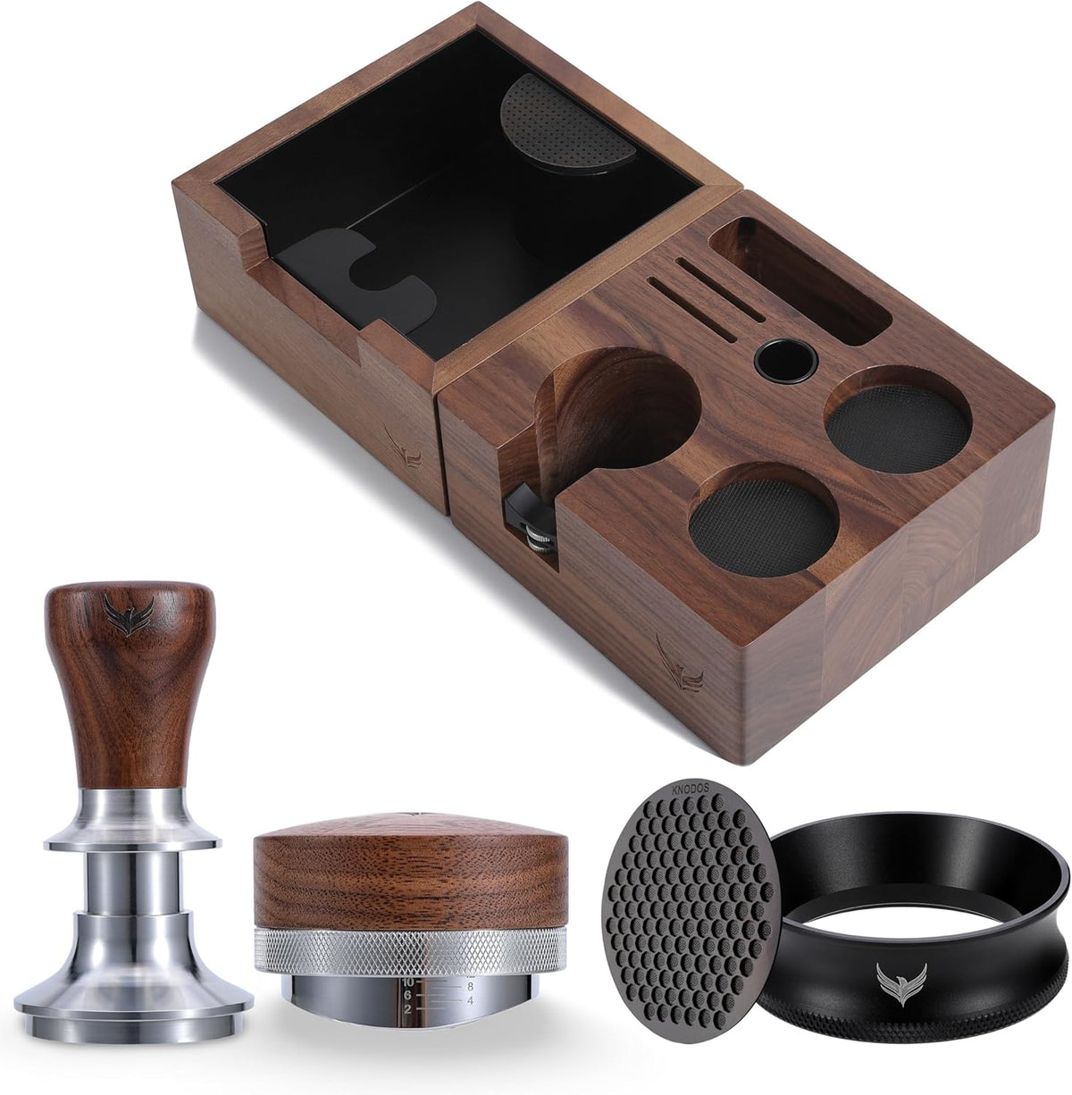 58mm Walnut Espresso Accessories Set – Premium Barista Kit for All 58mm Espresso Machines – Includes Tamper, Tamping Station, Distributor, Knock Box & Dosing Funnel
