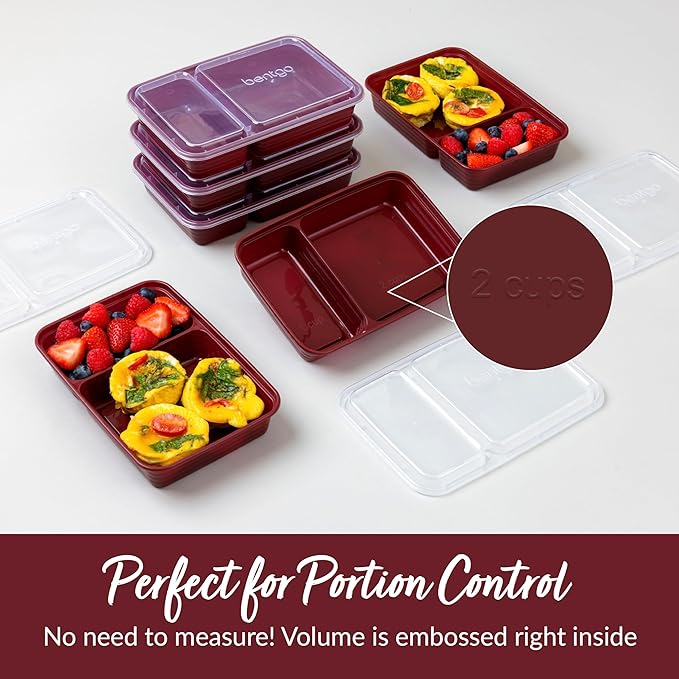 Bentgo 20-Piece Lightweight, Durable, Reusable BPA-Free 2-Compartment Containers - Microwave, Freezer, Dishwasher Safe - Burgundy
