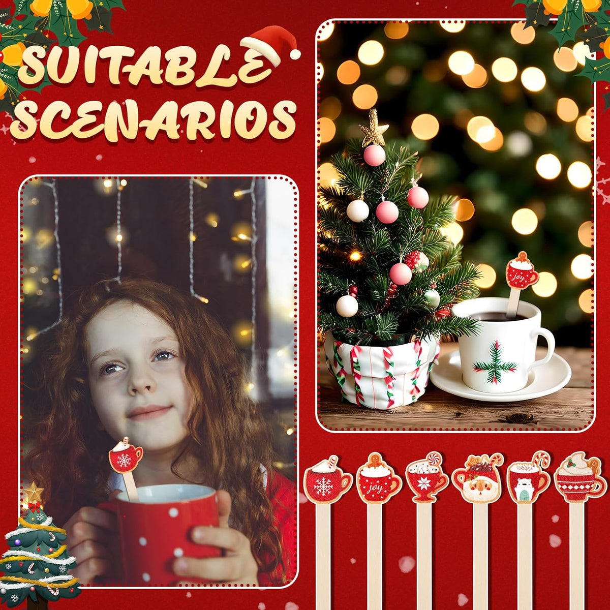 Jinei 120 Pcs Christmas Hot Chocolate Cup Coffee Stir Sticks Natural Wooden Disposable Drink Stirrers for Hot Chocolate Milkshake Cocktail Restaurant Home Office