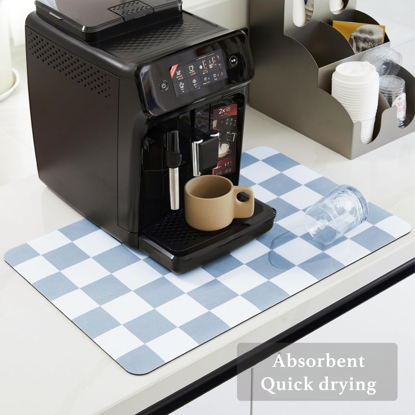 Checkered Dish Drying Mat for Kitchen Counter, Coffee Bar, Coffee Station Accessories, Retro Cute Aesthetic Modern Absorbent Drainer Mat Kitchen Drying Mat Easy Clean, Blue 16" x 24"