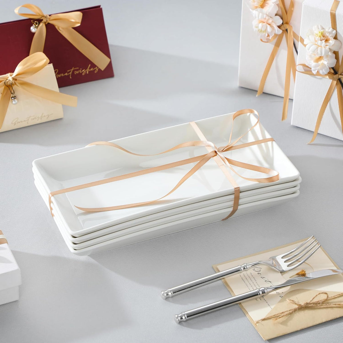 MALACASA Serving Platters Set of 4, Ceramic Serving Platters and Trays for Serving Food, Rectangular Serving Trays for Party, Large Serving Plates, Party Serving Trays and Platters - 12 Inch, White