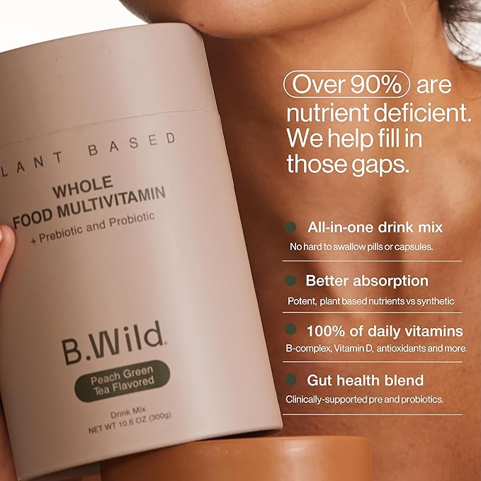 B.WILD Plant-Based Multivitamin Drink Mix – Refreshing Peach Green Tea with Prebiotics, Probiotics & Adaptogens for Gut Health & Stress Support – 30 Servings – Vegan, Gluten-Free
