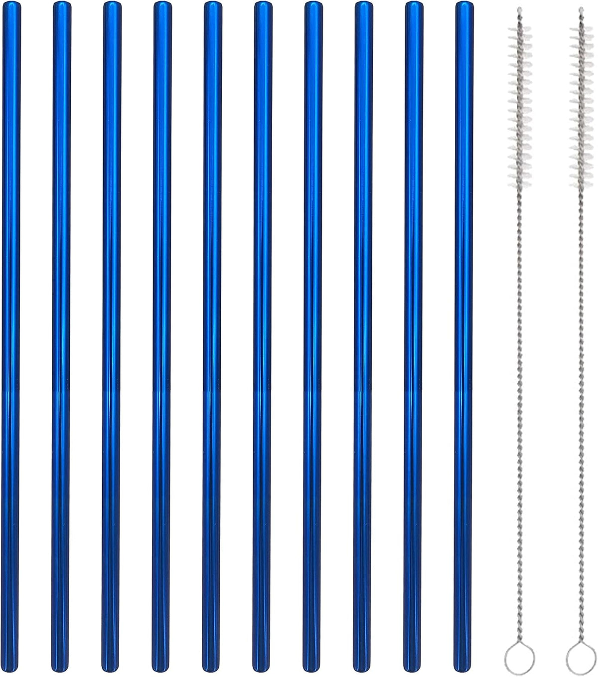10 Pcs Stainless Steel Straws, Reusable Drinking Straws, Straight Metal Straw Sets with 2 Pcs Cleaning Brushes (10.5 Inch, Blue)