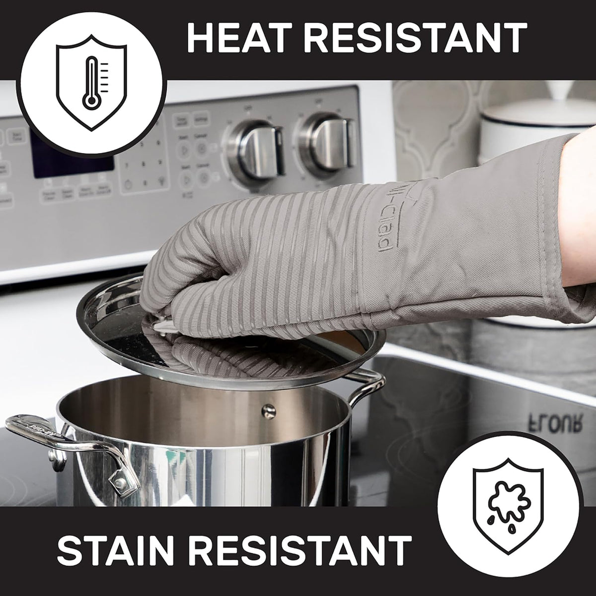 All-Clad Silicone Oven Mitts: Heat Resistant up to 500 Degrees - 100% Cotton & Silicone, 14"x7" Oven Mitt for Kitchen and Barbeque, 2-Pack, Titanium