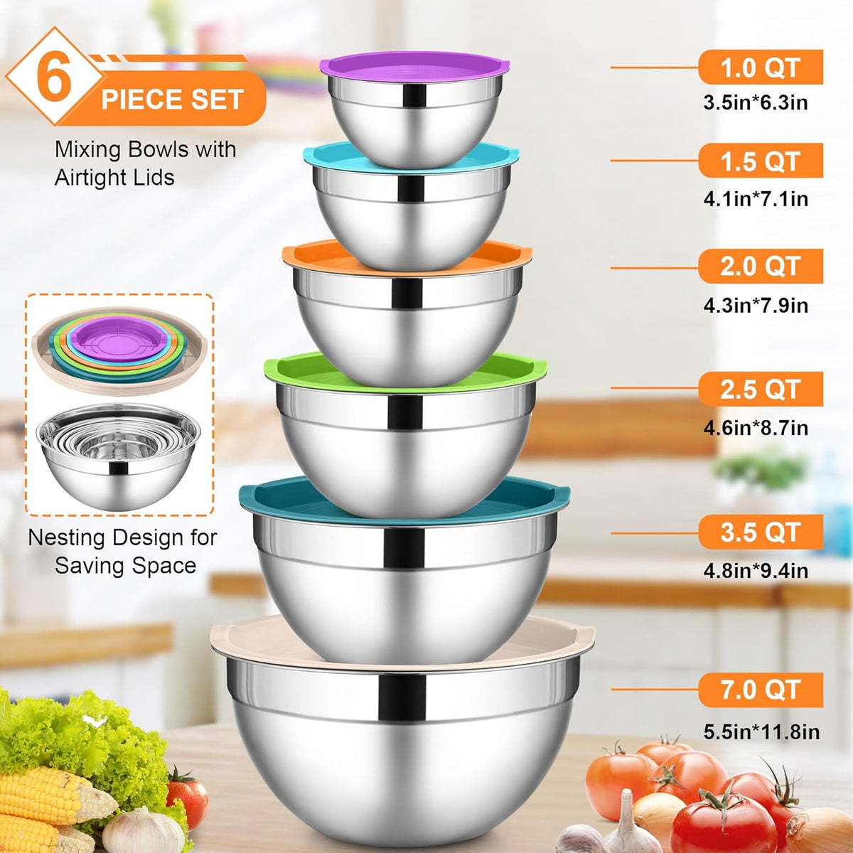 LIANYU Stainless Steel Mixing Bowl Set of 6, Metal Nesting Salad Bowl, Extra Large 7 & 3.5 & 2.5 & 2 & 1.5 & 1QT, Kitchen Bowls for Cooking, Storage, Serving, Dishwasher & Freezer Safe, Multi-Color