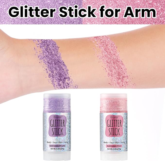 Brzeaf Waterproof Purple Glitter Stick, Shimmery&Not Greasy&Long Lasting, Chunky Glitter for Face/Body/Hair/Eyes, Singer Concert Music Rave Festival, Glitter Stick Makeup for Women Men