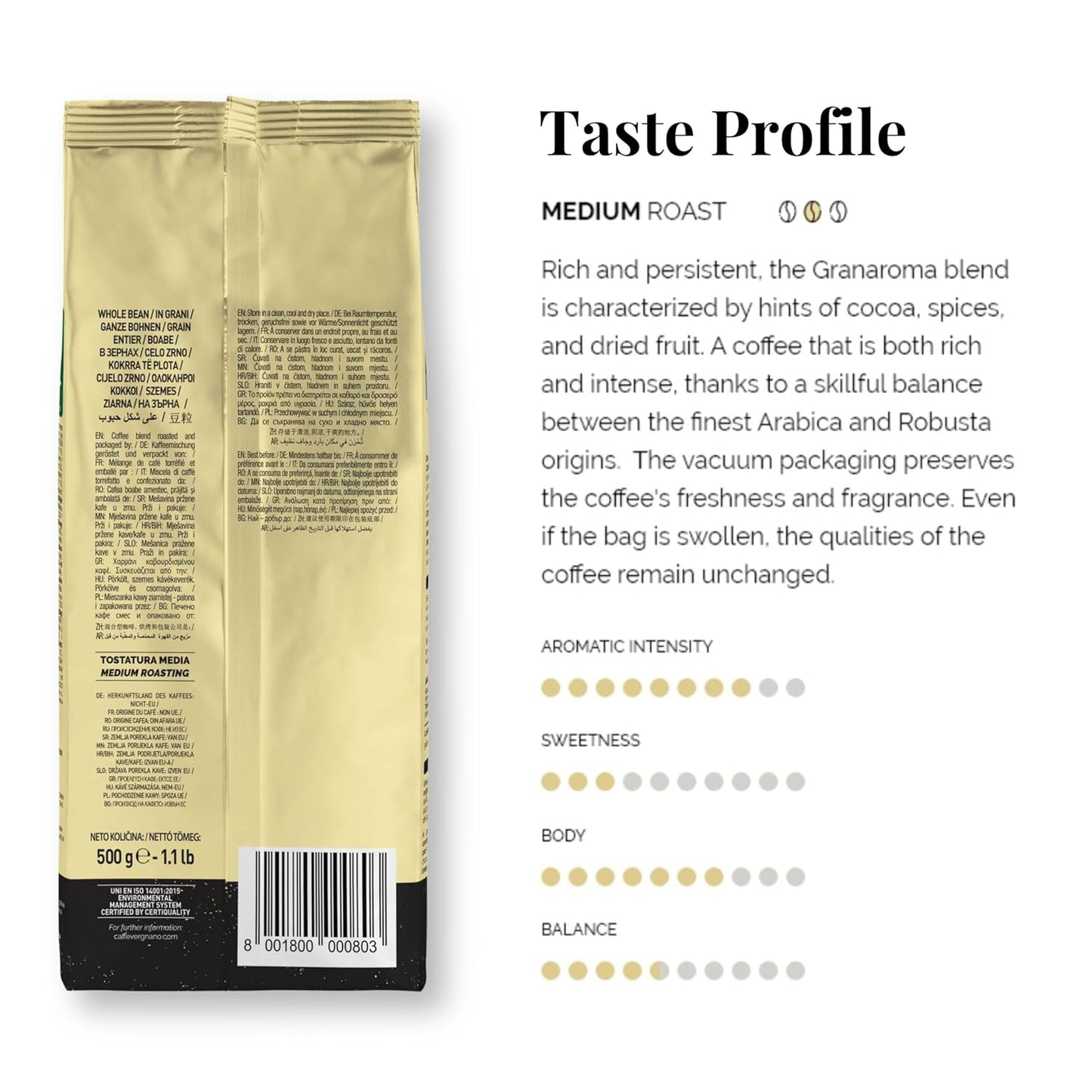 Caffe Vergnano 1882 Gran Aroma Whole Bean Arabica Medium Espresso Roast Coffee, 1.1lbs Bag - Italian Coffee Beans with Rich notes of Cocoa, Spices & Dried Fruit, Intensity 8/10-500g Bag