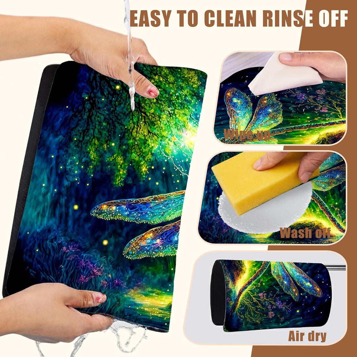 Magic Dragonfly Forest Coffee Mat - Absorbent Dish Drying Mat for Kitchen Counter, Hide Stain, Rubber Backed Bar Accessories, Fits Under Maker, Pot, Espresso Machine, 15.7 x 23.6 Inch