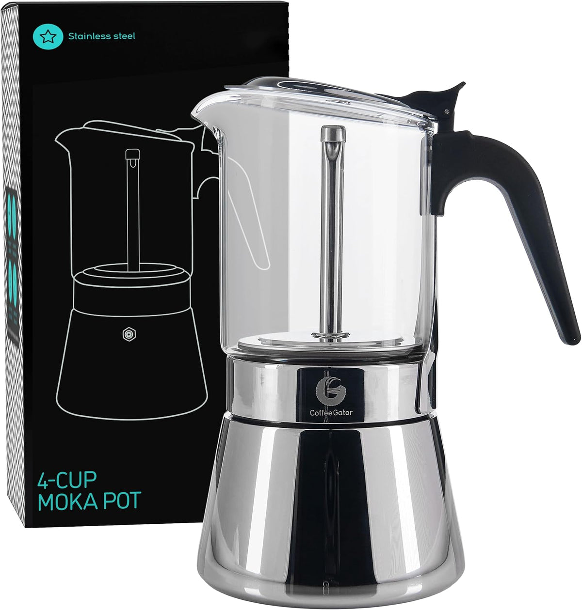 Coffee Gator 4 Cup Moka Pot, 6.7oz Stovetop Espresso Maker for Italian Coffee, Transparent Glass & Stainless Steel Design, Silver, 200ml