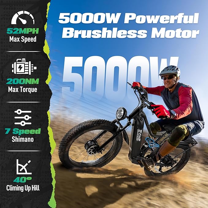 5000W Dual Motor Electric Bike for Adults 52MPH with 60V 32AH Battery, 26x4 Fat Tire All Terrain Ebikes, Full Suspension E Bike, SHM 7-Speed Gear Electric Bicycle(63v) (63V-Z)