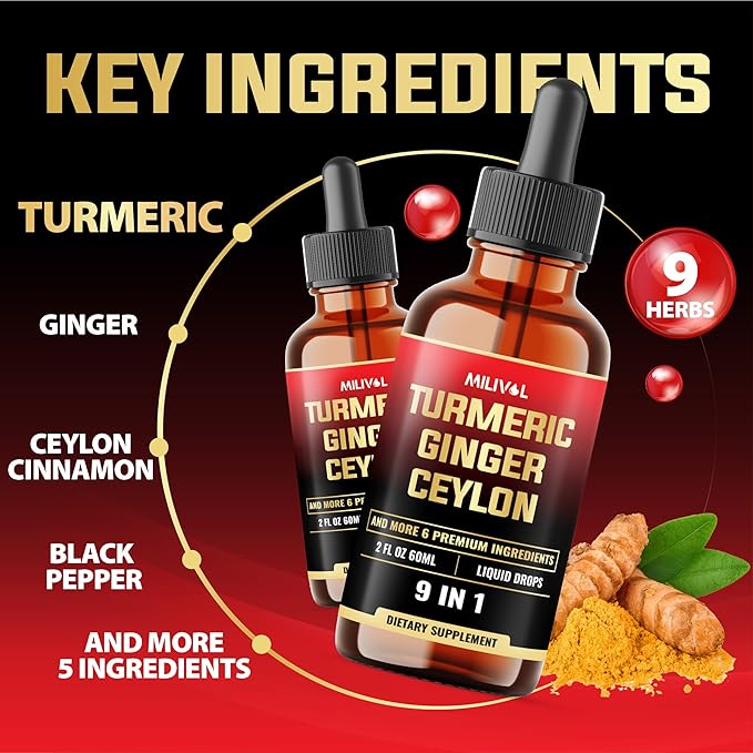 9in1 Liquid Turmeric Curcumin with Ginger, Berberine, Ceylon, Garlic, Black Pepper for Joint Support - 2FL Oz - 60 Servings