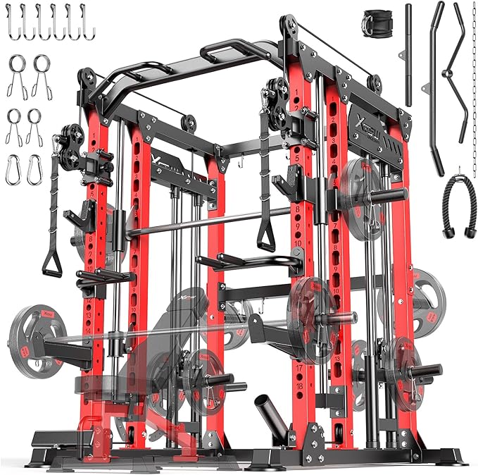 Smith Machine with Cable Crossover System, Multi-Function Power Cage Squat Rack for Home Gym, Power Rack and Packages Weight Sets.