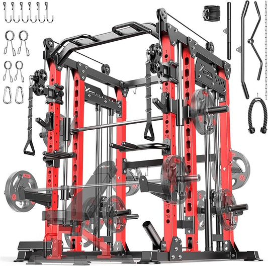 Smith Machine with Cable Crossover System, Multi-Function Power Cage Squat Rack for Home Gym, Power Rack and Packages Weight Sets.