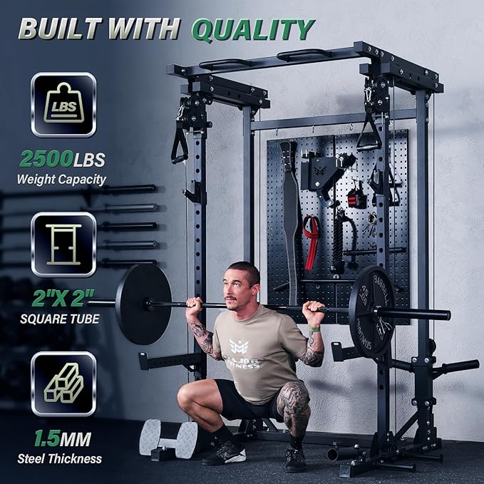 MAJOR FITNESS Drone3 Power Rack, Multi-Function Home Gym Squat Rack with Pull-Up Bar, Cable Crossover & J-Hooks, Heavy-Duty Steel Frame for Maximum Stability & Strength Training