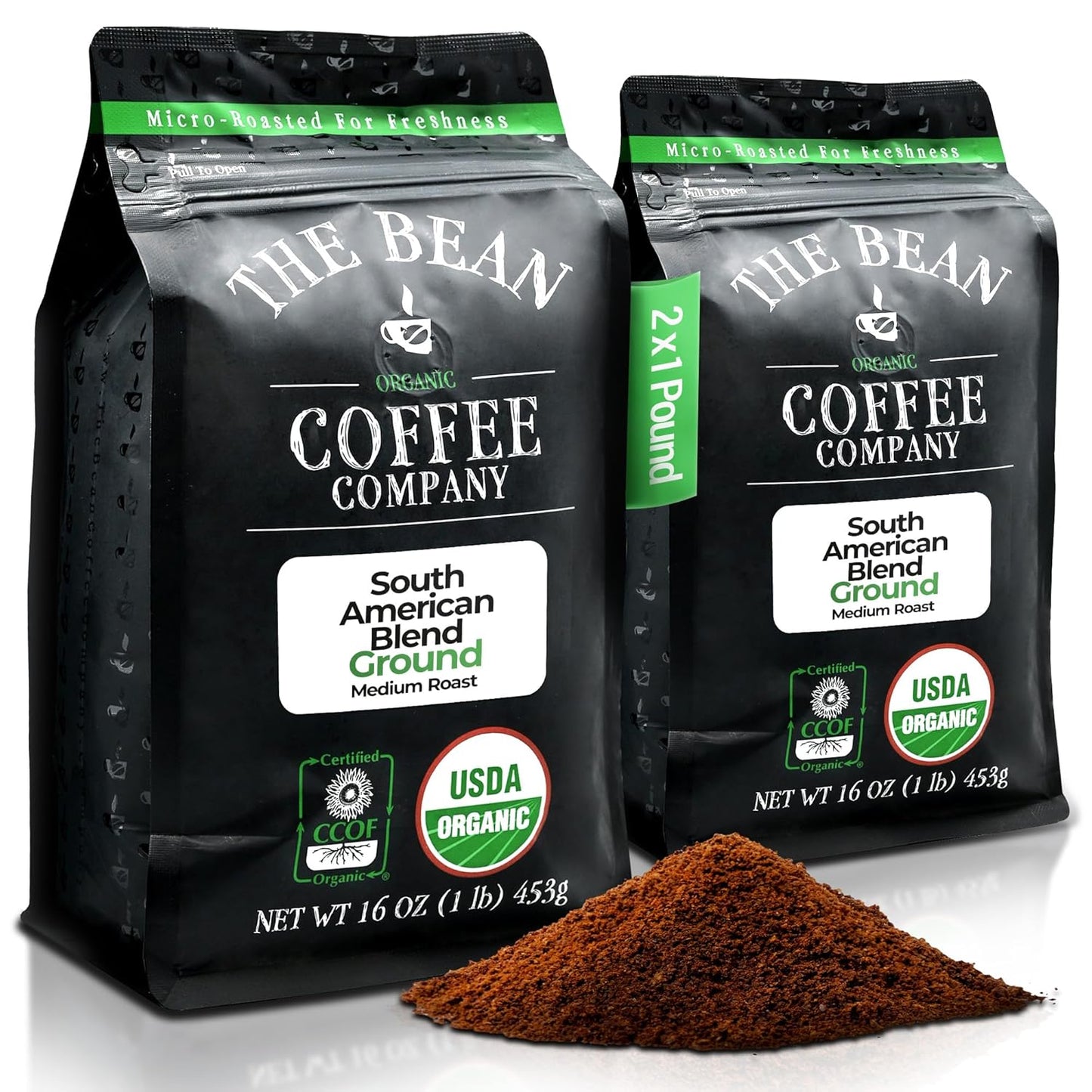 The Bean Organic Coffee Company South America, Medium Roast, Ground Coffee, 16-Ounce Bags (Pack of 2),Café molido tostado organico