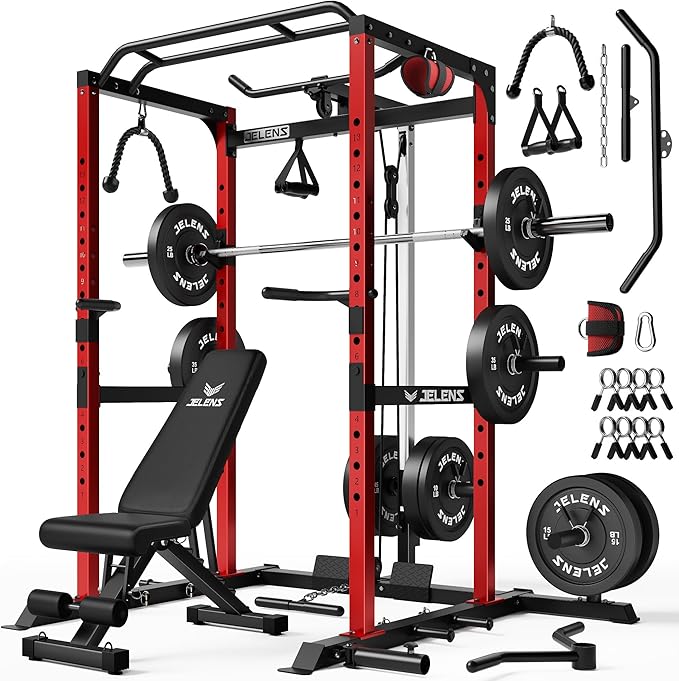 S21 Power Cage, Multi-Function Power Rack with Adjustable Cable Crossover System, 2000LBS Squat Rack for Home Gym with More Training Attachments