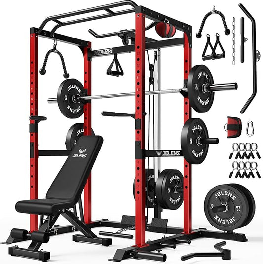 S21 Power Cage, Multi-Function Power Rack with Adjustable Cable Crossover System, 2000LBS Squat Rack for Home Gym with More Training Attachments