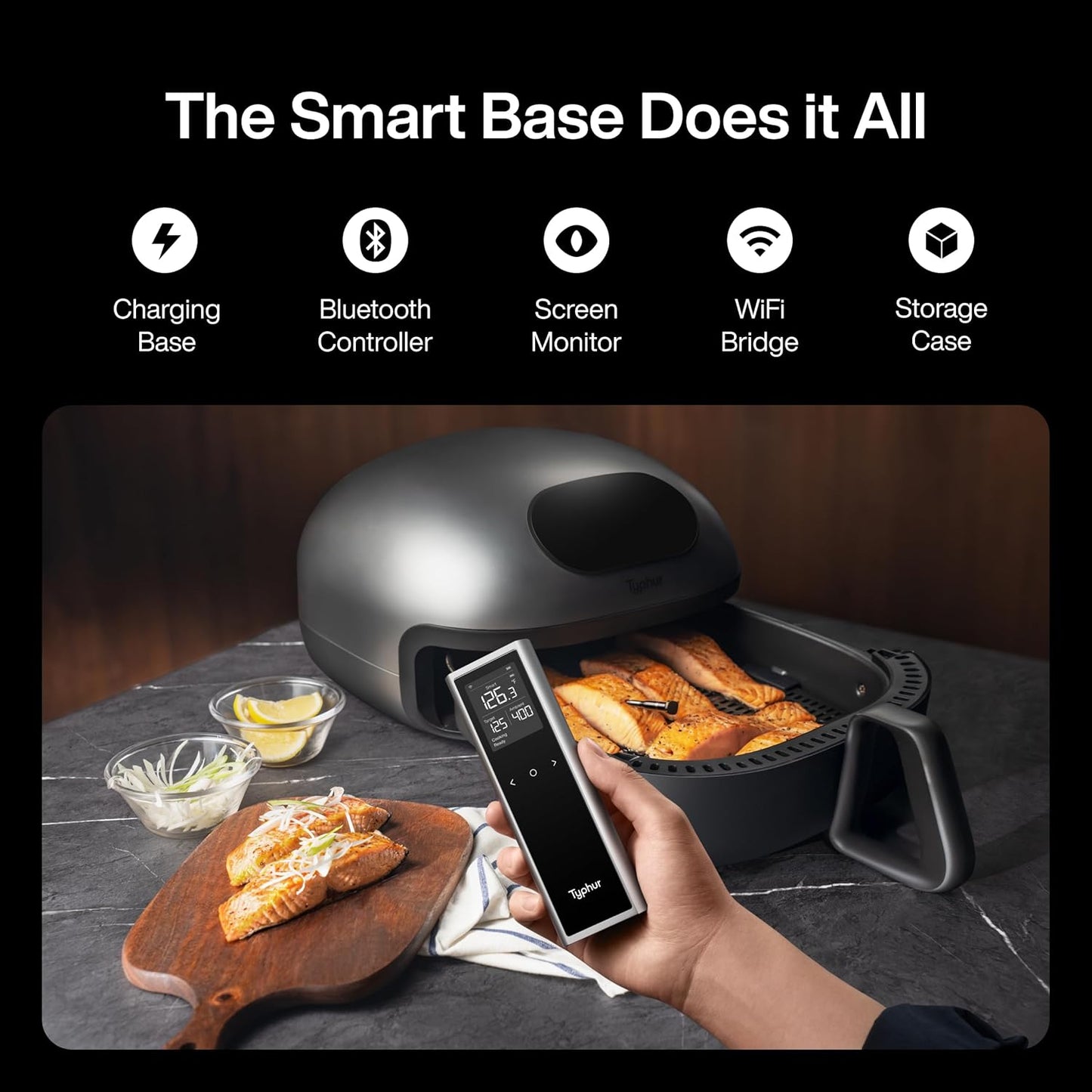 Sync One Smart Wireless Meat Thermometer: Standalone Base with LCD Display, Unlimited WiFi & Bluetooth Range, Enhanced Signal Stability for BBQ, Grill, Oven, and Smoker
